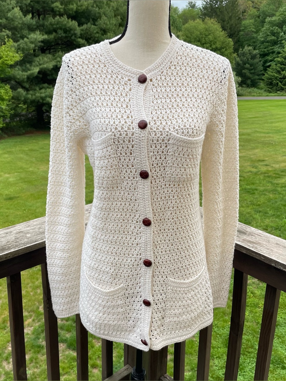 Michael Kors cardigan sweater open knit crochet quiet luxury cotton ivory large